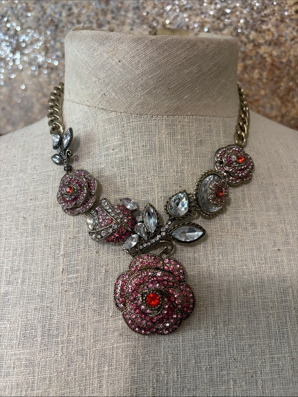 Betsey Johnson Pink Rhinestone Rose Statement Necklace Brass Tone Floral - Picture 10 of 10
